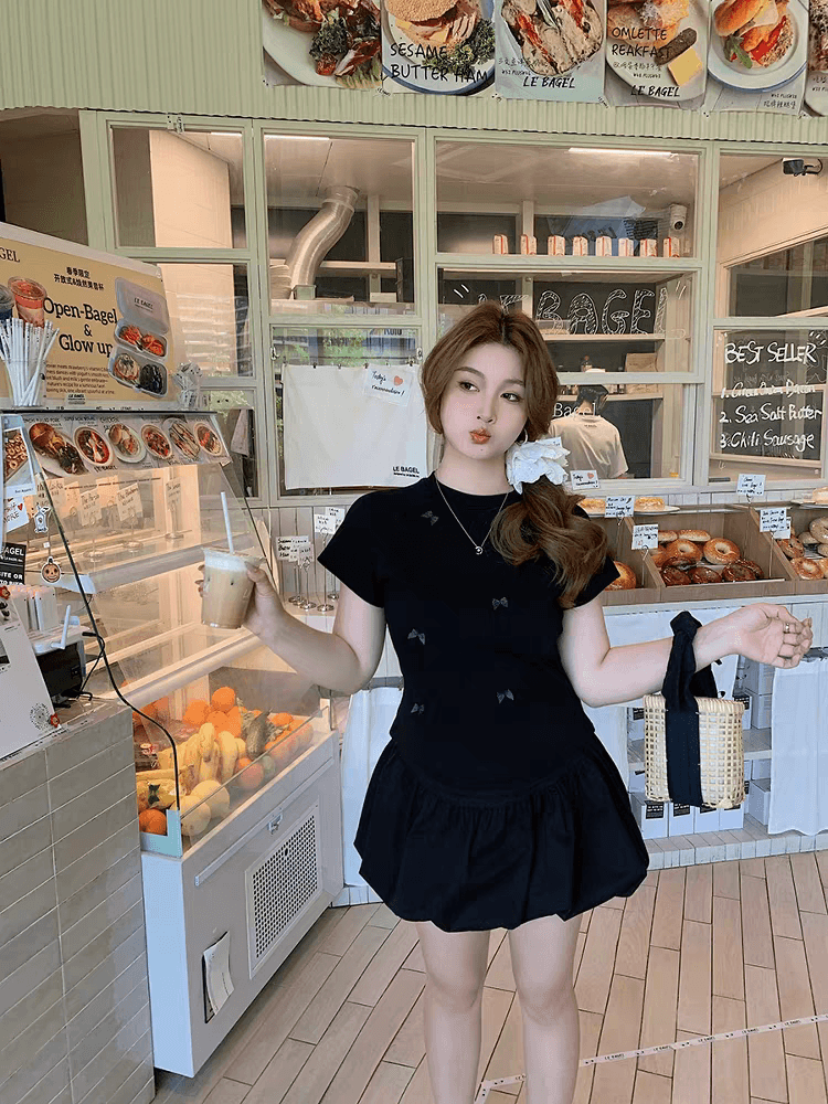 마이크로 지방 작은 키 슬림해 보이는 유물 회색 나비 매듭 반팔 티셔츠 여성 한 부서 부드러운 루즈핏 라운드 넥 맨위 이미지 2