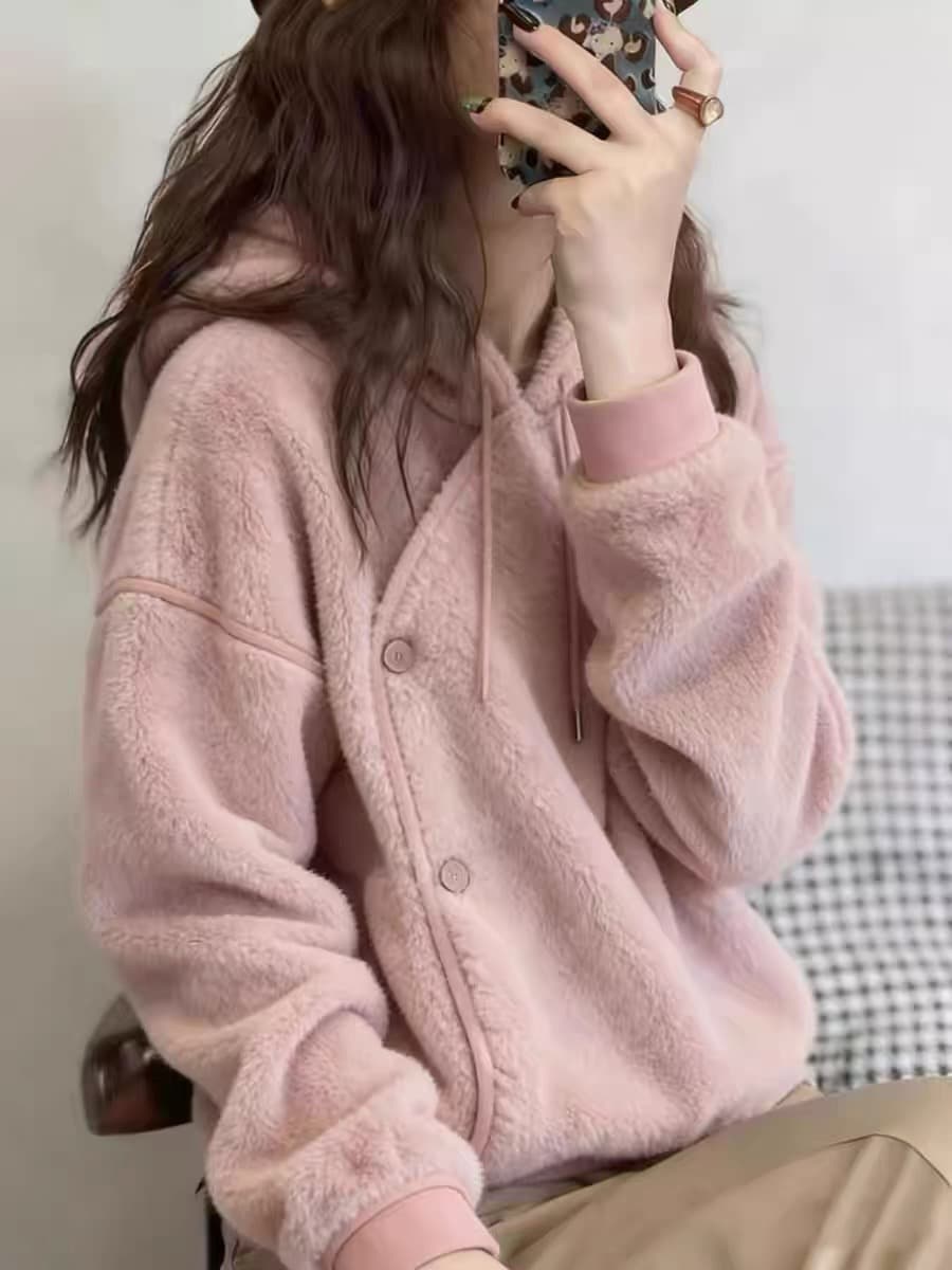 암소 x 물품 자이언트 버스트 핑크색 양털 후드 티 스웨터 여성 겨울 한 부서 루즈핏 플리스 재킷 맨위