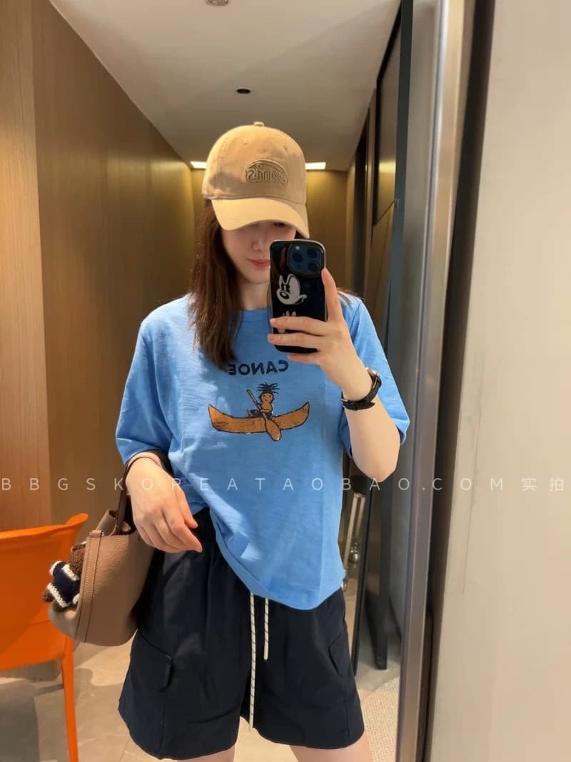 일본식 작은 대중 비싼 카드 자이언트 자이언트 자이언트 디스플레이 화이트 ~ 중 파란색 손 사 가게 동기화 대나무 마디 면 반팔 티셔츠 여성 이미지 2
