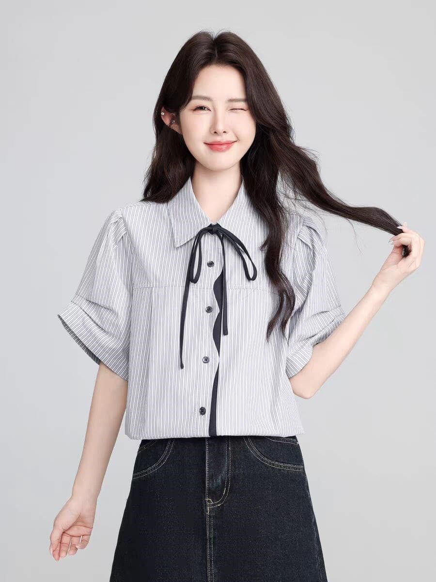 학원 스타일 POLO 칼라 반팔 티셔츠 여성 2026 여름 새로운 디자인 센스 넥타이 긍정적 인 어깨 동정 쇼트 스타일 맨위 상세 이미지 1