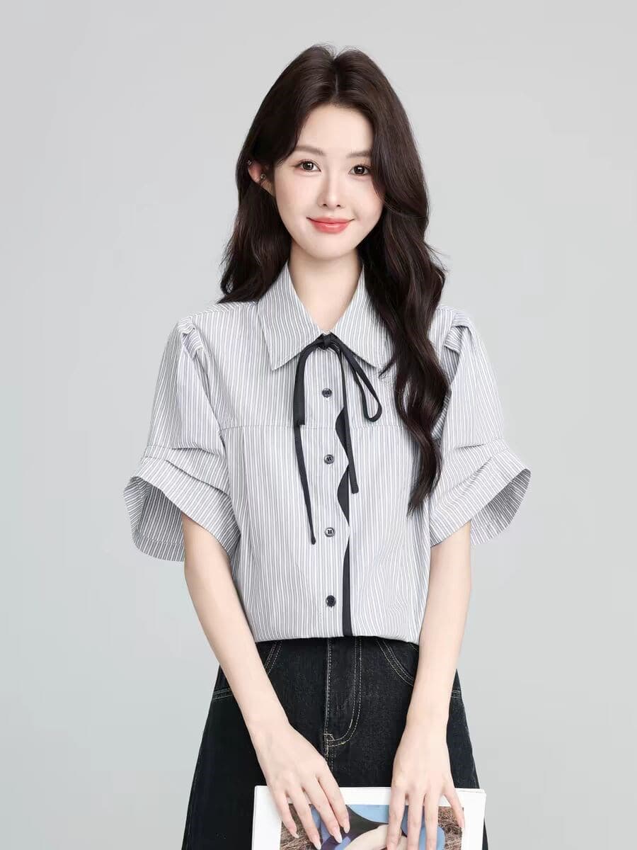 학원 스타일 POLO 칼라 반팔 티셔츠 여성 2026 여름 새로운 디자인 센스 넥타이 긍정적 인 어깨 동정 쇼트 스타일 맨위 상세 이미지 2
