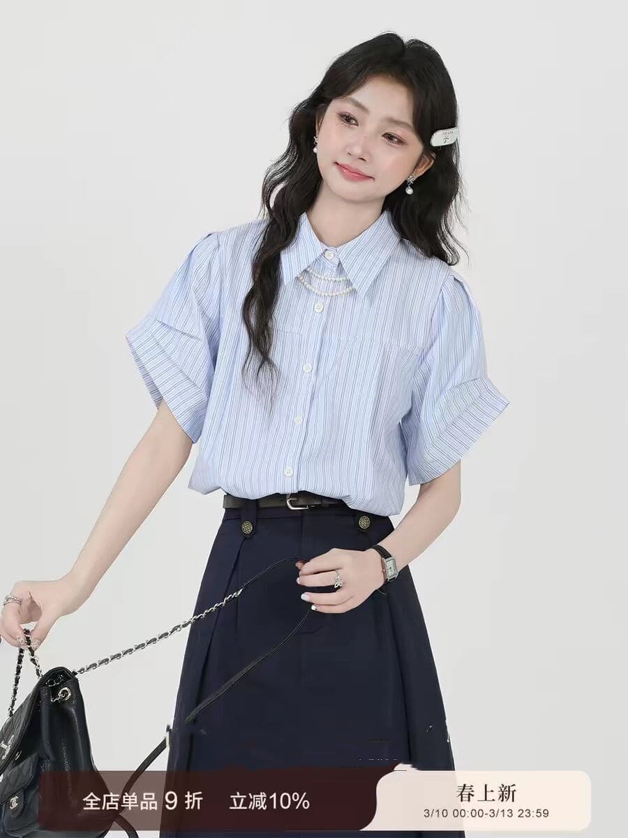 2026 여름 새로운 파란색 작은 대중 출퇴근 직장 스트라이프 반팔 셔츠 맨위 여성 상세 이미지 2