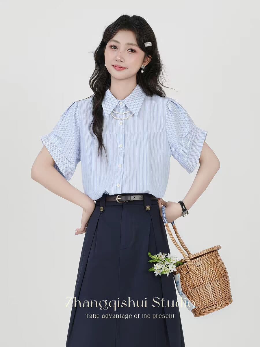 2026 여름 새로운 파란색 작은 대중 출퇴근 직장 스트라이프 반팔 셔츠 맨위 여성 상세 이미지 3