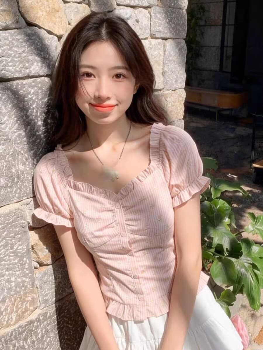 한 부서 핑크색 스트라이프 거품 소매 쇼트 스타일 맨위 여성 2026 년 여름 새로운 반팔 작은 셔츠 디자인 센스 작은 대중 상세 이미지 3
