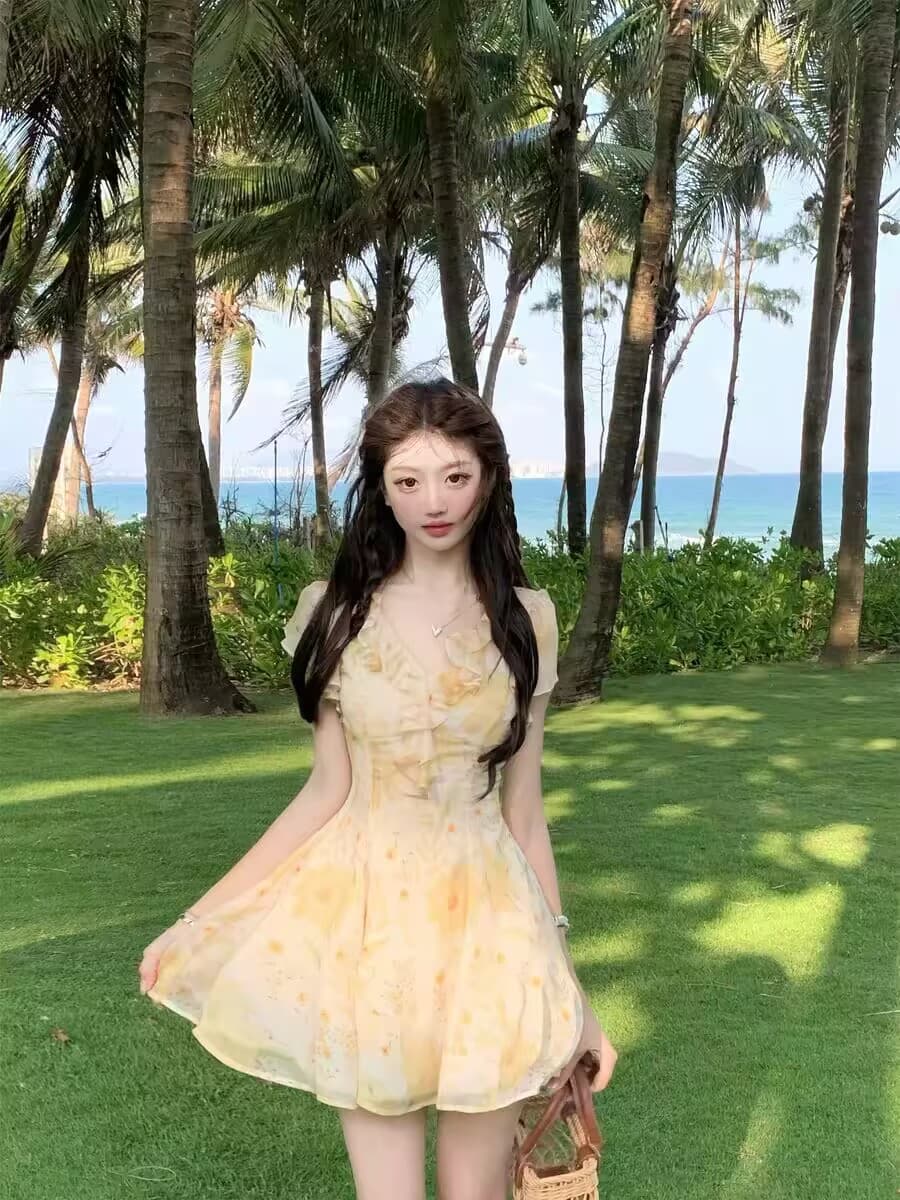 2026 황색 꽃무늬 반팔 드레스 작은 키 여름 휴가 아름다운 작은 치마 새로운 이미지 2