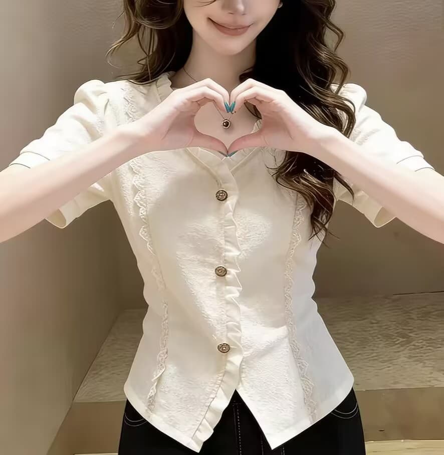 살구 색상 거품 소매 허리 수축 반팔 여성 셔츠 2026 새로운 여름 달콤함 연령 감소 작은 대중 슈퍼 화재 디자인 맨위 상세 이미지 4