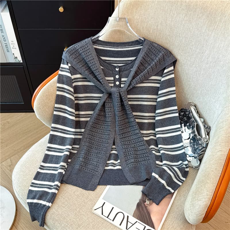 실사 빅 사이즈 학원 스타일 숄 디자인 스트라이프 긴팔 2026 이른 가을 새로운 연령 감소 캐주얼 느긋한 맨위 여성 이미지 3