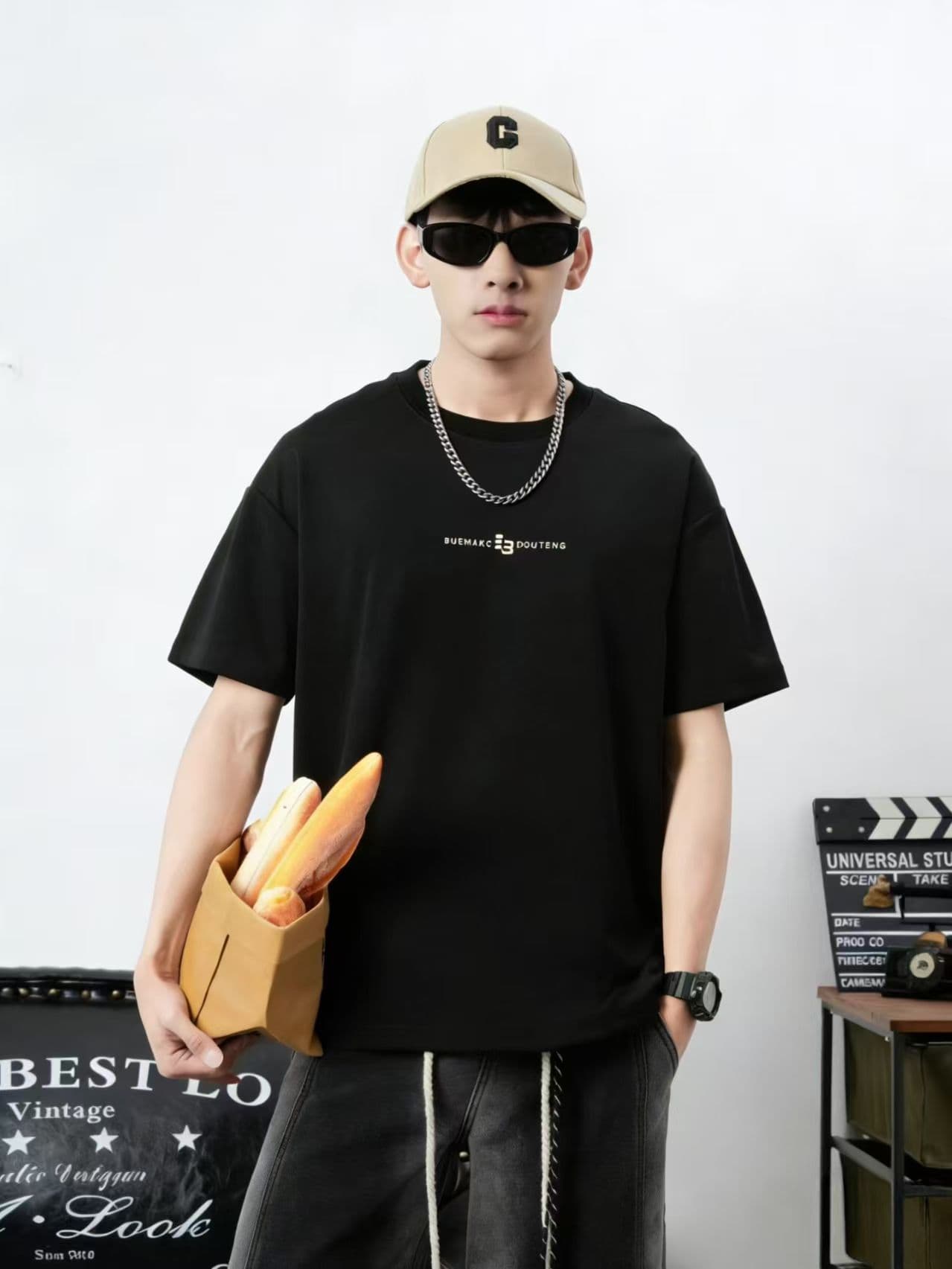 새로운 높은 품질 프로 피부 면 소재 청소년 미니멀리즘 관대 한 프린트 로마 실광택 코튼 캐주얼 루즈핏 티셔츠 상세 이미지 7