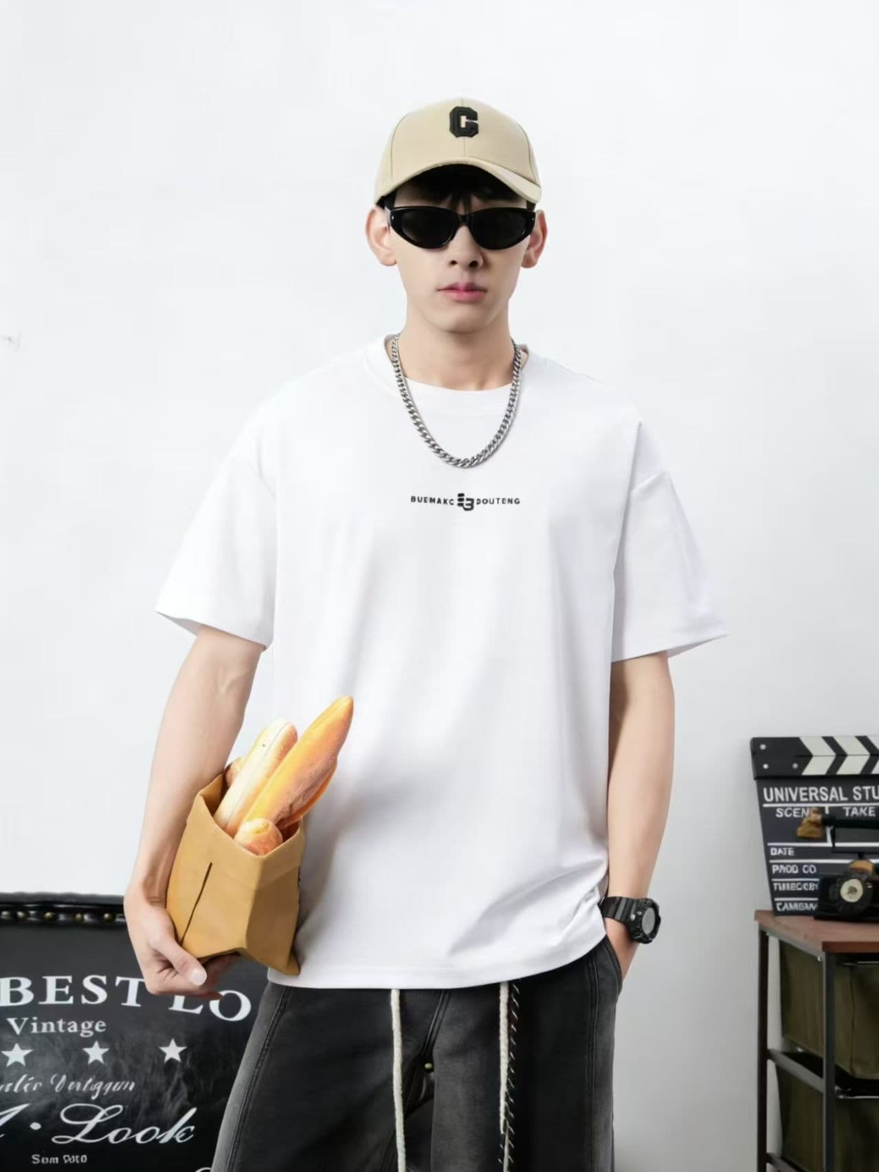 새로운 높은 품질 프로 피부 면 소재 청소년 미니멀리즘 관대 한 프린트 로마 실광택 코튼 캐주얼 루즈핏 티셔츠 상세 이미지 9
