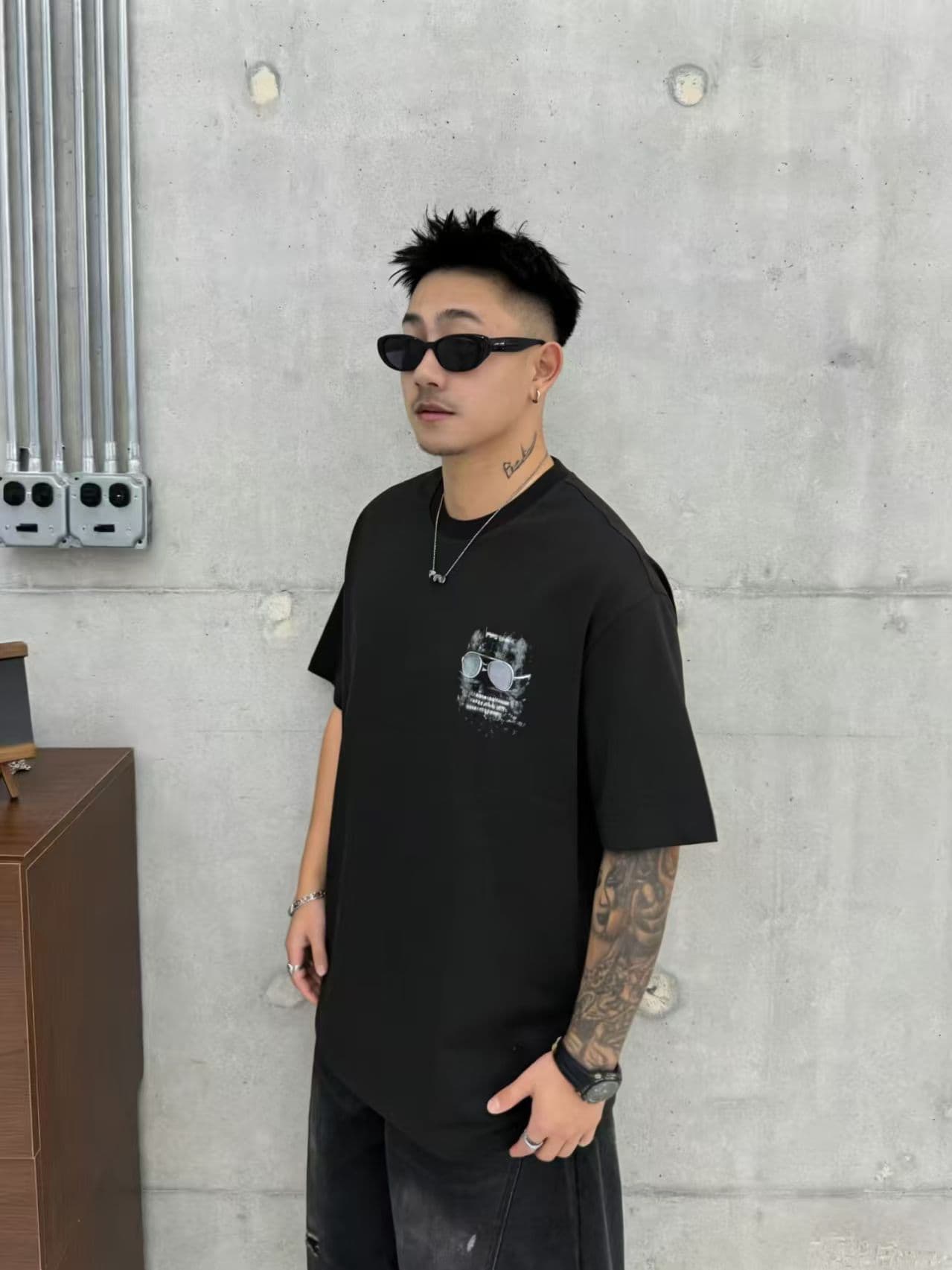 새로운 높은 품질 프로 피부 면 소재 청소년 양면 프린트 트렌디 에디션 로마 실광택 코튼 캐주얼 루즈핏 티셔츠 상세 이미지 6
