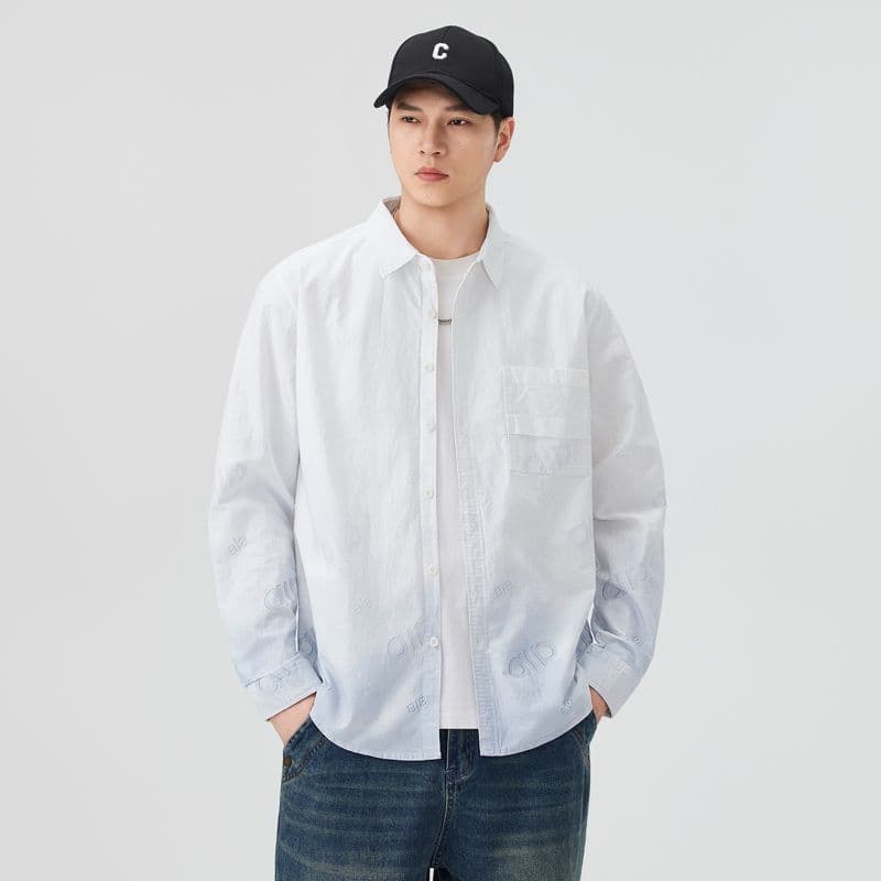 순면 일본식 워시 물 레트로 남성 루즈핏 섹션 셔츠 봄 여름 트렌드 그라데이션 프린트 긴팔 셔츠 품질 이미지 2