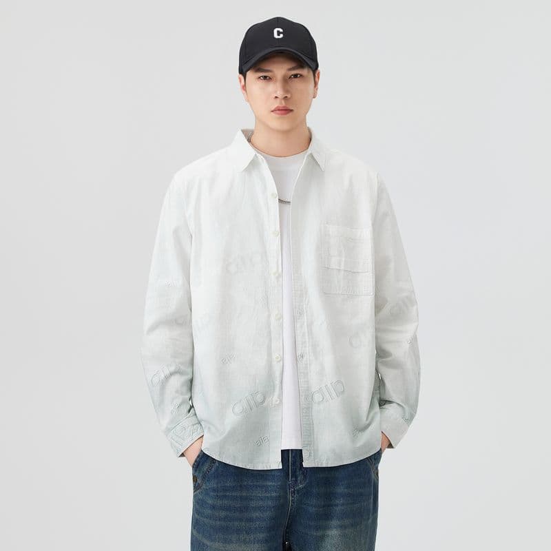 순면 일본식 워시 물 레트로 남성 루즈핏 섹션 셔츠 봄 여름 트렌드 그라데이션 프린트 긴팔 셔츠 품질 이미지 3
