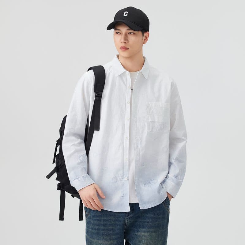 순면 일본식 워시 물 레트로 남성 루즈핏 섹션 셔츠 봄 여름 트렌드 그라데이션 프린트 긴팔 셔츠 품질 이미지 4