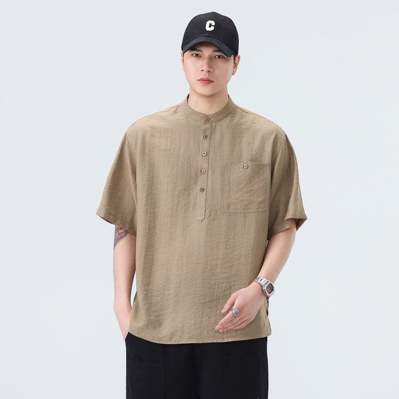 아마 일본식 레트로 스탠드 칼라 반팔 셔츠 남성 아메리칸 트렌드 여름 새로운 자수 풀오버 루즈핏 셔츠 이미지 4