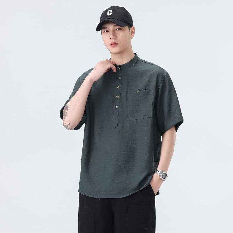 아마 일본식 레트로 스탠드 칼라 반팔 셔츠 남성 아메리칸 트렌드 여름 새로운 자수 풀오버 루즈핏 셔츠 이미지 2