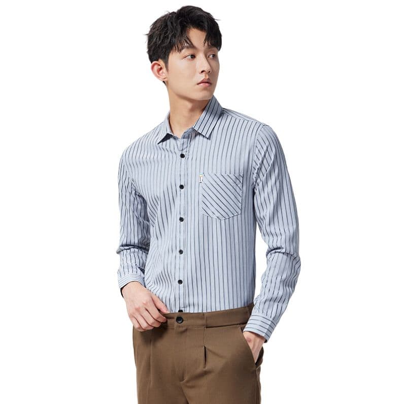 새로운 스트라이프 셔츠 남성 긴팔 셔츠 트렌드 한국 스타일 몸매 가꾸기 비즈니스 캐주얼 가을 패션 도시 주머니 이미지 4