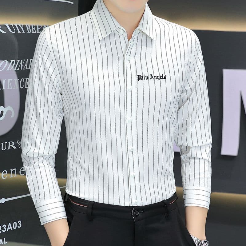 신축성 긴팔 셔츠 남자 조수 브랜드 몸매 가꾸기 한국 스타일 트렌디 잘 생긴 캐주얼 스트라이프 다용도 무료 뜨거운 패션 화이트 자수 이미지 3