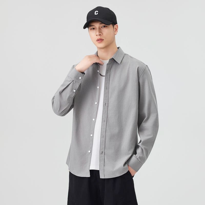 순면 일본식 워시 물 레트로 남성 루즈핏 셔츠 트렌드 품질 긴팔 셔츠 단색 미니멀리즘 다용도 캐주얼
