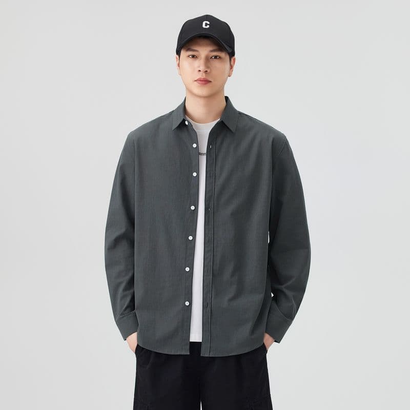 순면 일본식 워시 물 레트로 남성 루즈핏 셔츠 트렌드 품질 긴팔 셔츠 단색 미니멀리즘 다용도 캐주얼 이미지 5