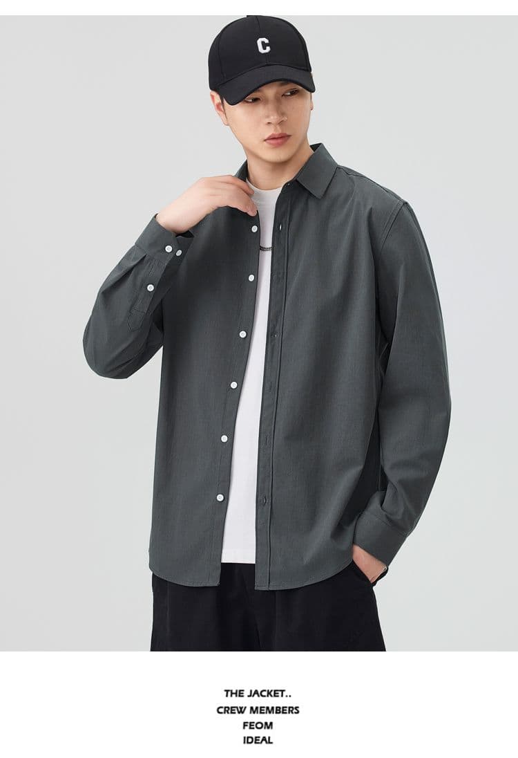 순면 일본식 워시 물 레트로 남성 루즈핏 셔츠 트렌드 품질 긴팔 셔츠 단색 미니멀리즘 다용도 캐주얼 상세 이미지 13
