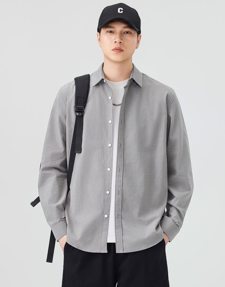 순면 일본식 워시 물 레트로 남성 루즈핏 셔츠 트렌드 품질 긴팔 셔츠 단색 미니멀리즘 다용도 캐주얼 상세 이미지 19