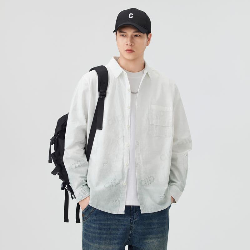 순면 일본식 워시 물 레트로 남성 루즈핏 섹션 셔츠 봄 여름 트렌드 그라데이션 프린트 긴팔 셔츠 품질 이미지 4