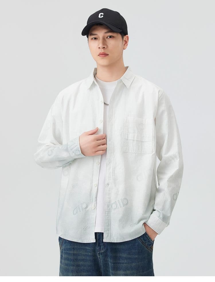 순면 일본식 워시 물 레트로 남성 루즈핏 섹션 셔츠 봄 여름 트렌드 그라데이션 프린트 긴팔 셔츠 품질 상세 이미지 10