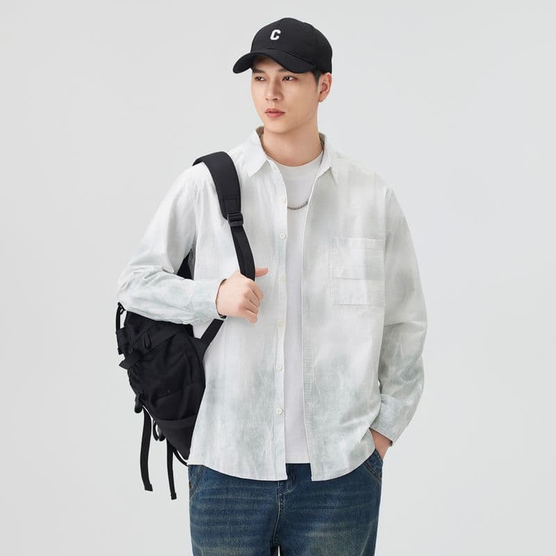 높은 품질 순면 일본식 워싱 레트로 남자 루즈핏 섹션 셔츠 봄 가을 트렌드 그라데이션 프린트 긴팔 셔츠 이미지 2