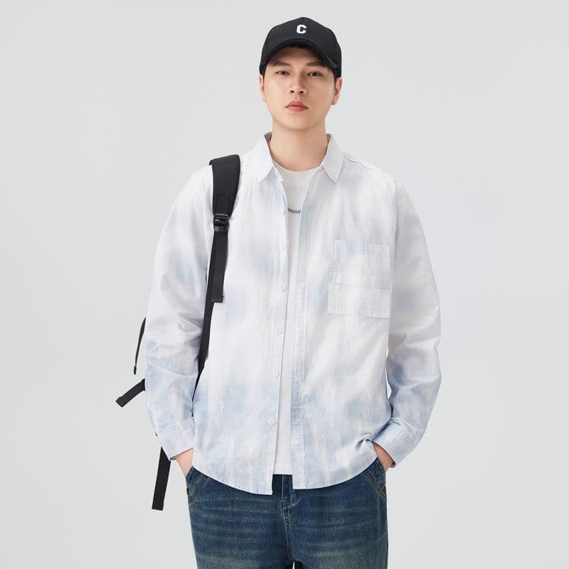 높은 품질 순면 일본식 워싱 레트로 남자 루즈핏 섹션 셔츠 봄 가을 트렌드 그라데이션 프린트 긴팔 셔츠 이미지 3