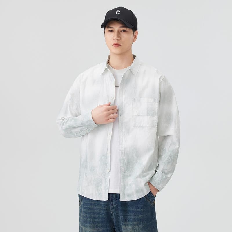 높은 품질 순면 일본식 워싱 레트로 남자 루즈핏 섹션 셔츠 봄 가을 트렌드 그라데이션 프린트 긴팔 셔츠 이미지 5