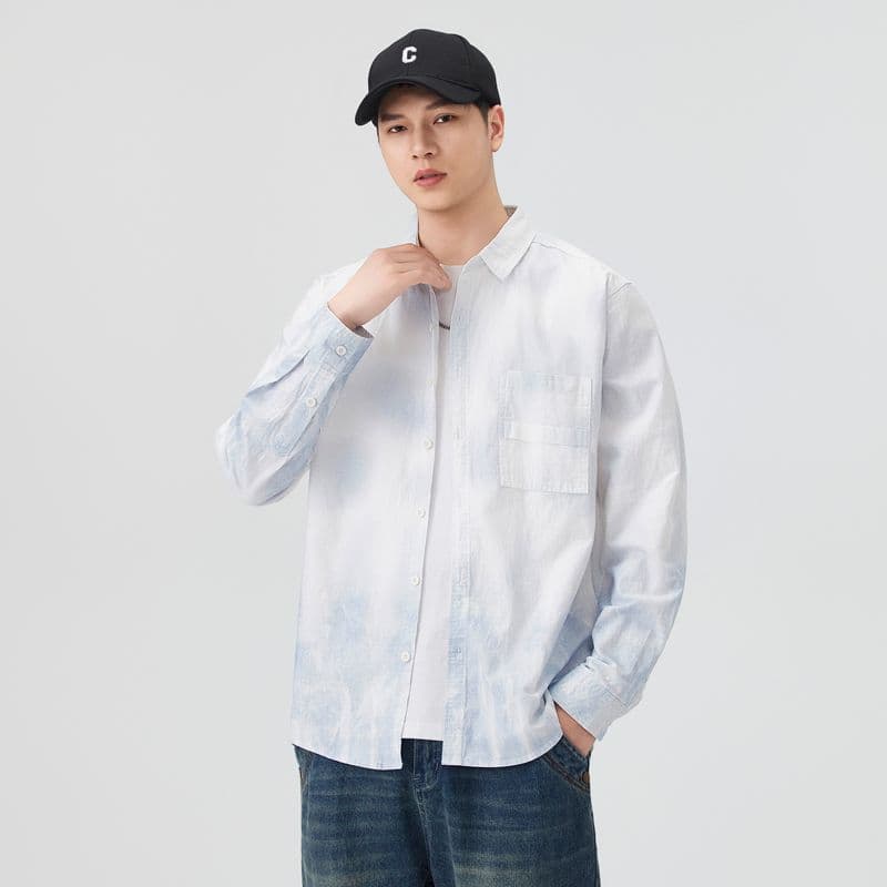 높은 품질 순면 일본식 워싱 레트로 남자 루즈핏 섹션 셔츠 봄 가을 트렌드 그라데이션 프린트 긴팔 셔츠 이미지 4