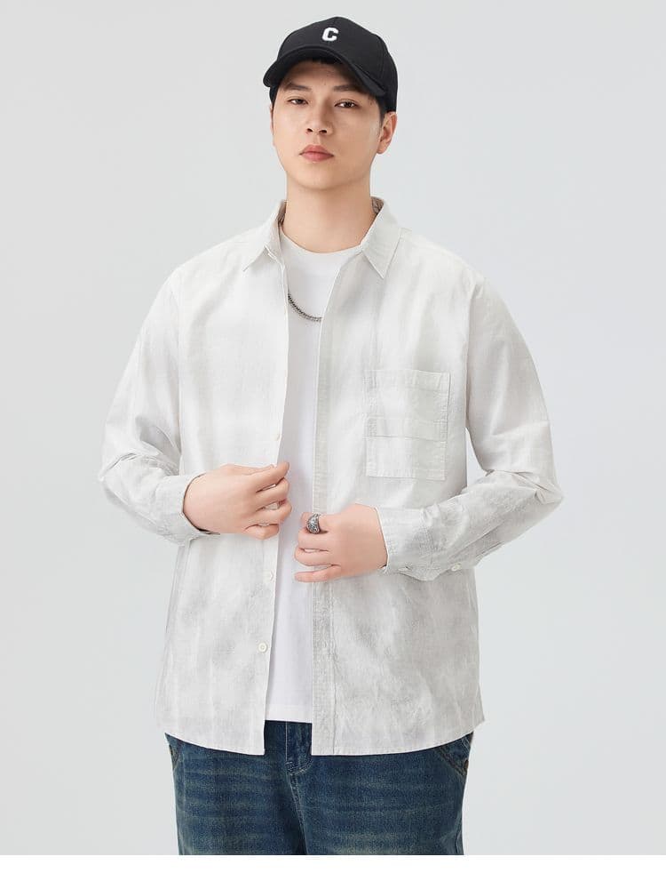 높은 품질 순면 일본식 워싱 레트로 남자 루즈핏 섹션 셔츠 봄 가을 트렌드 그라데이션 프린트 긴팔 셔츠 상세 이미지 10
