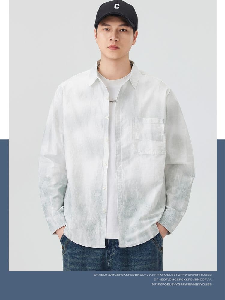 높은 품질 순면 일본식 워싱 레트로 남자 루즈핏 섹션 셔츠 봄 가을 트렌드 그라데이션 프린트 긴팔 셔츠 상세 이미지 14