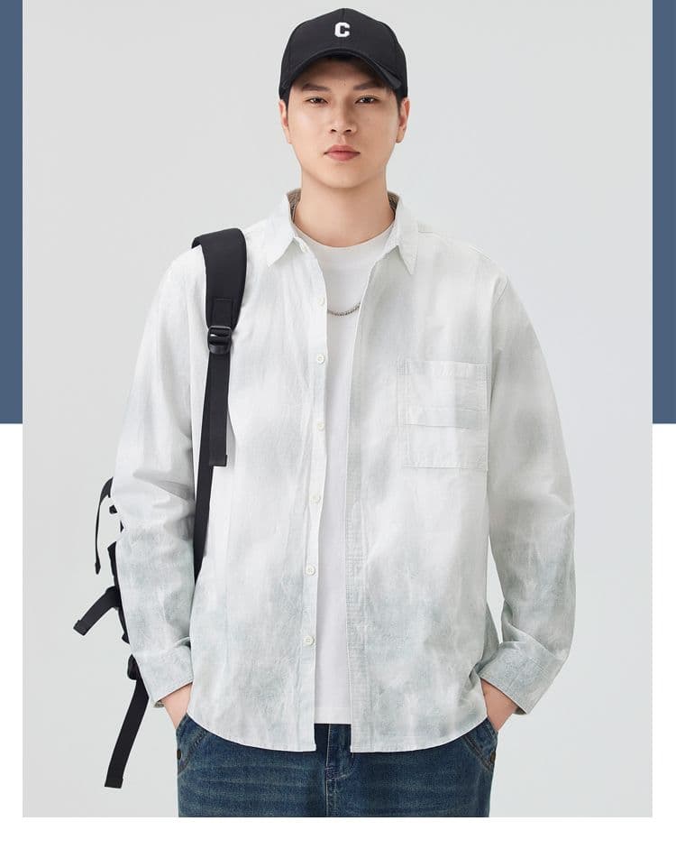 높은 품질 순면 일본식 워싱 레트로 남자 루즈핏 섹션 셔츠 봄 가을 트렌드 그라데이션 프린트 긴팔 셔츠 상세 이미지 16