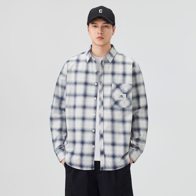 높은 품질 순면 일본식 워시 물 체크무늬 남자 루즈핏 섹션 셔츠 봄 가을 트렌드 주머니 긴팔 셔츠 이미지 5