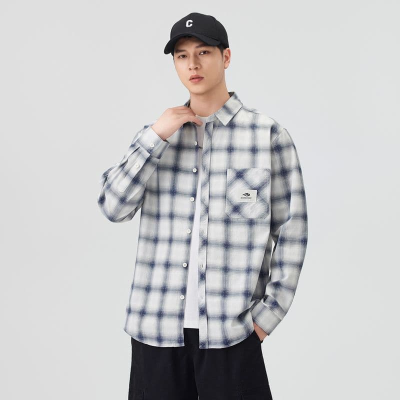 높은 품질 순면 일본식 워시 물 체크무늬 남자 루즈핏 섹션 셔츠 봄 가을 트렌드 주머니 긴팔 셔츠 이미지 4