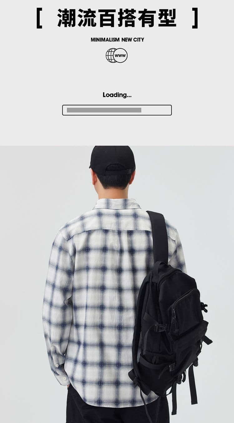 높은 품질 순면 일본식 워시 물 체크무늬 남자 루즈핏 섹션 셔츠 봄 가을 트렌드 주머니 긴팔 셔츠 상세 이미지 3