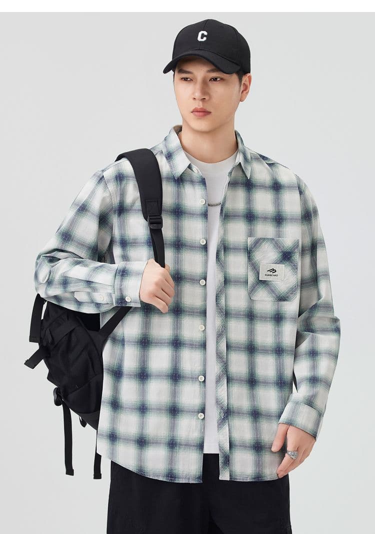 높은 품질 순면 일본식 워시 물 체크무늬 남자 루즈핏 섹션 셔츠 봄 가을 트렌드 주머니 긴팔 셔츠 상세 이미지 18