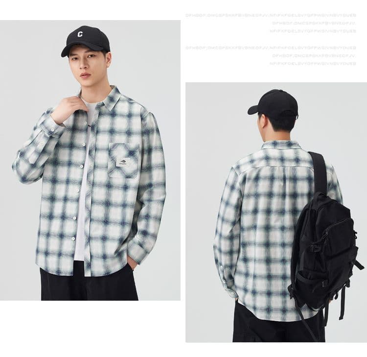 높은 품질 순면 일본식 워시 물 체크무늬 남자 루즈핏 섹션 셔츠 봄 가을 트렌드 주머니 긴팔 셔츠 상세 이미지 19