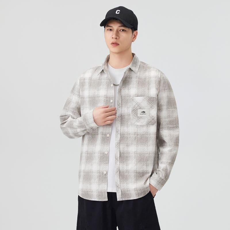 높은 품질 순면 일본식 워시 물 체크무늬 남자 루즈핏 섹션 셔츠 봄 가을 트렌드 주머니 긴팔 셔츠 이미지 3