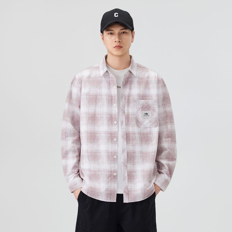 높은 품질 순면 일본식 워시 물 체크무늬 남자 루즈핏 섹션 셔츠 봄 가을 트렌드 주머니 긴팔 셔츠 이미지 5