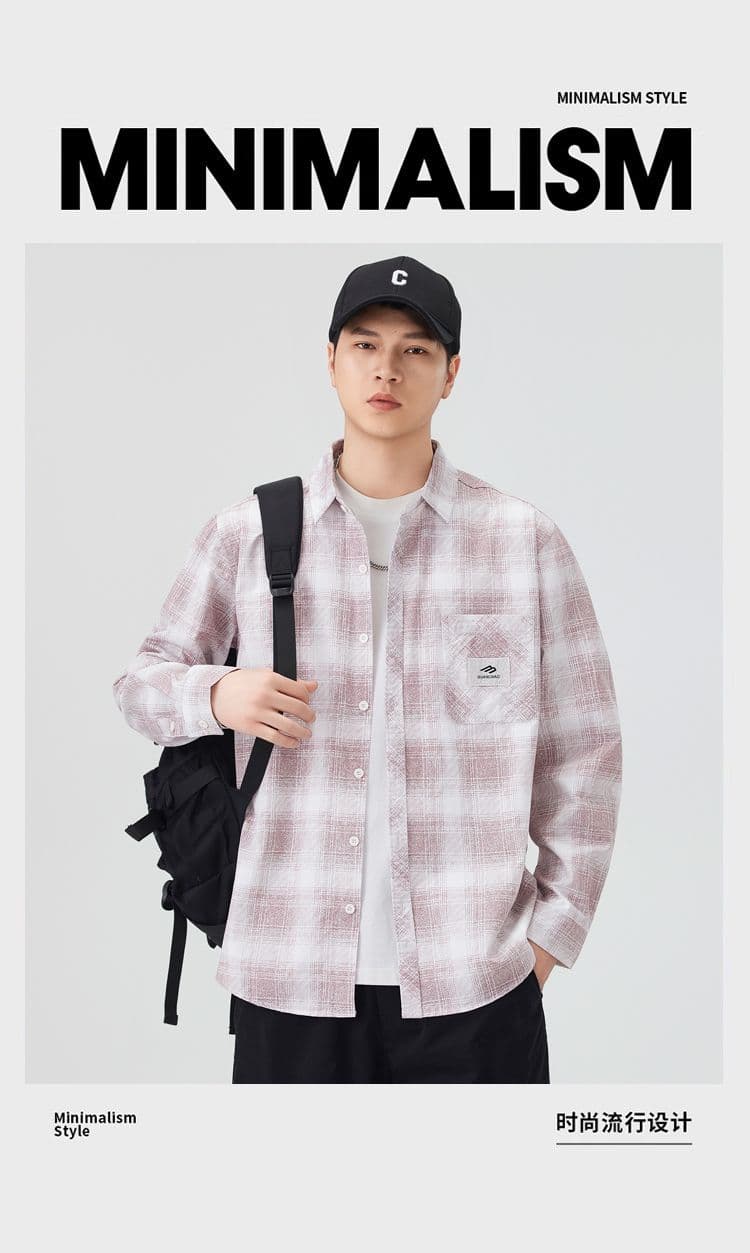 높은 품질 순면 일본식 워시 물 체크무늬 남자 루즈핏 섹션 셔츠 봄 가을 트렌드 주머니 긴팔 셔츠 상세 이미지 1