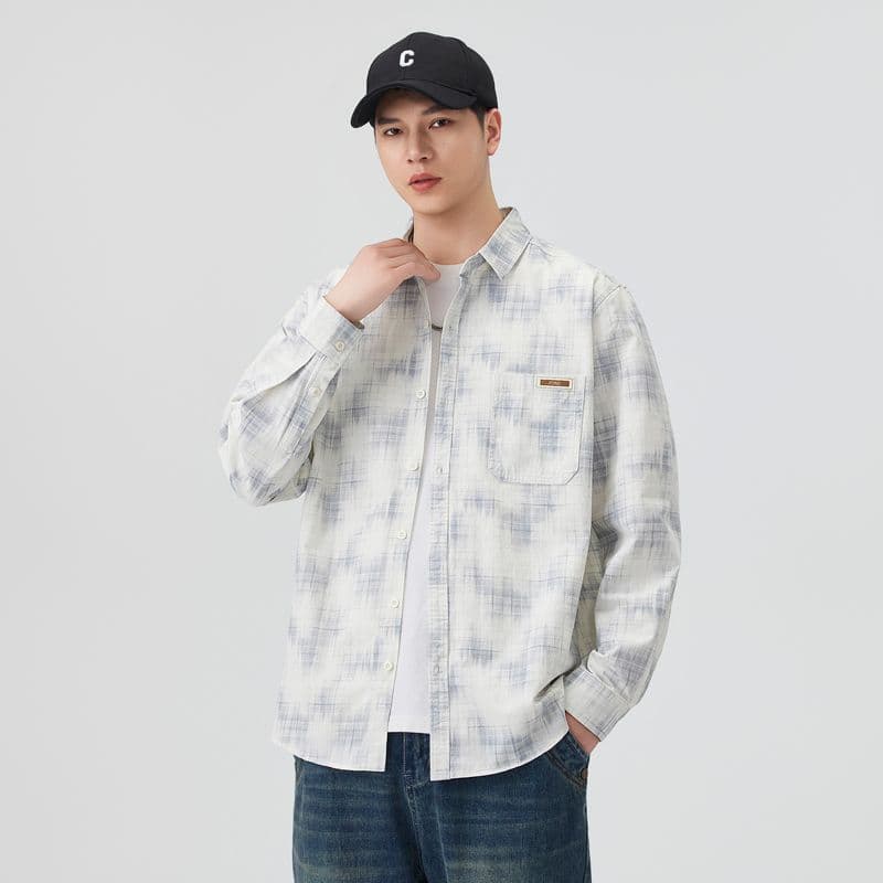 높은 품질 순면 일본식 워시 물 레트로 남자 루즈핏 섹션 셔츠 봄 여름 트렌드 프린트 주머니 긴팔 셔츠 이미지 2