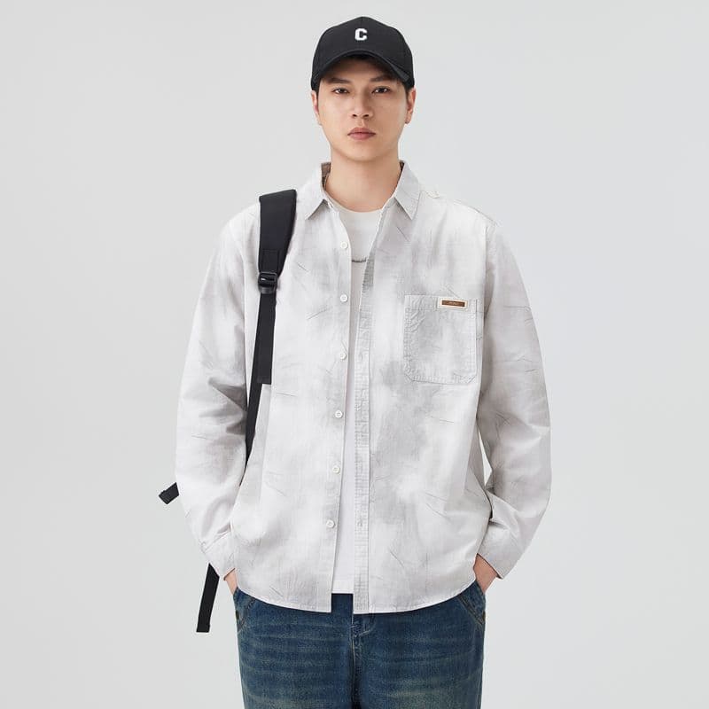 높은 품질 순면 일본식 워시 물 레트로 남자 루즈핏 섹션 셔츠 봄 여름 트렌드 프린트 주머니 긴팔 셔츠 이미지 4