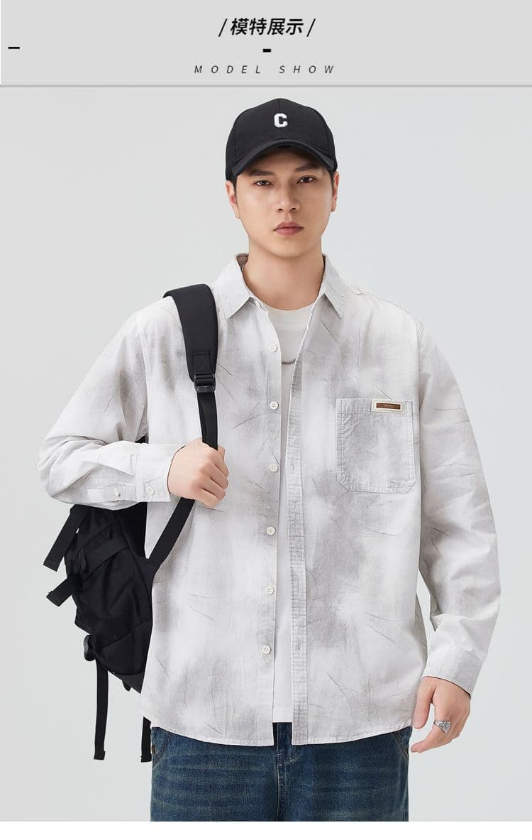 높은 품질 순면 일본식 워시 물 레트로 남자 루즈핏 섹션 셔츠 봄 여름 트렌드 프린트 주머니 긴팔 셔츠 상세 이미지 8