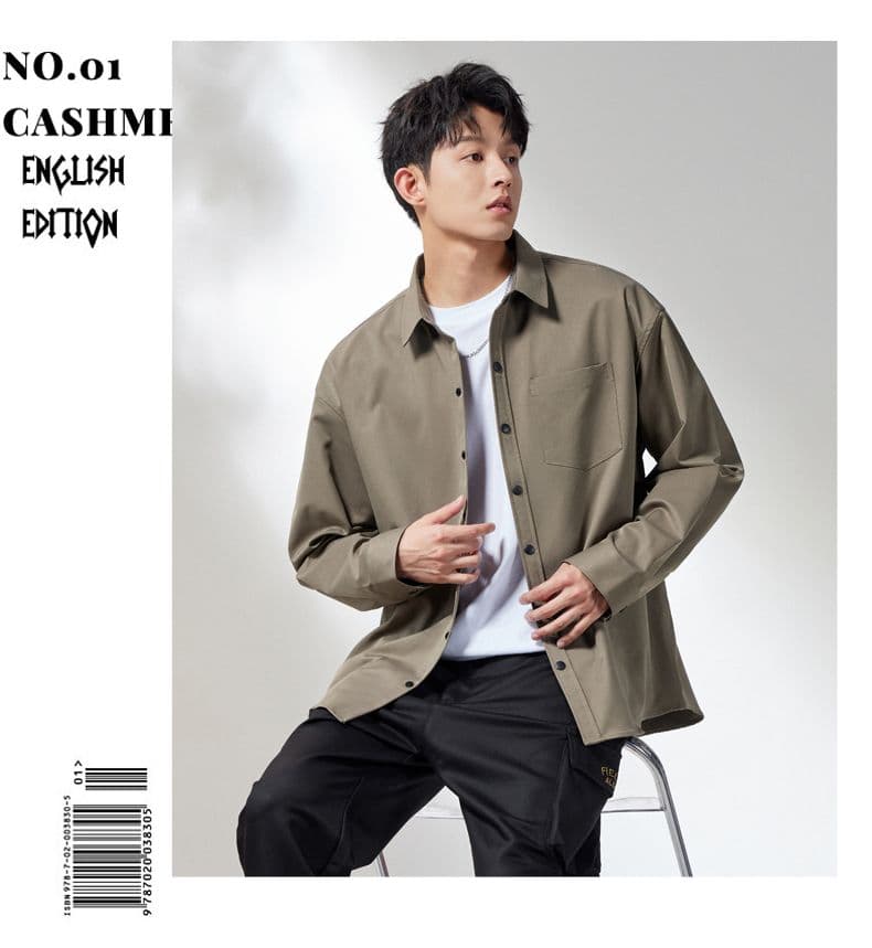 새로운 긴팔 셔츠 남성 단색 가을 루즈핏 섹션 캐주얼 스냅 단추 디자인 센스 고급 센스 트렌디 셔츠 재킷 상세 이미지 8