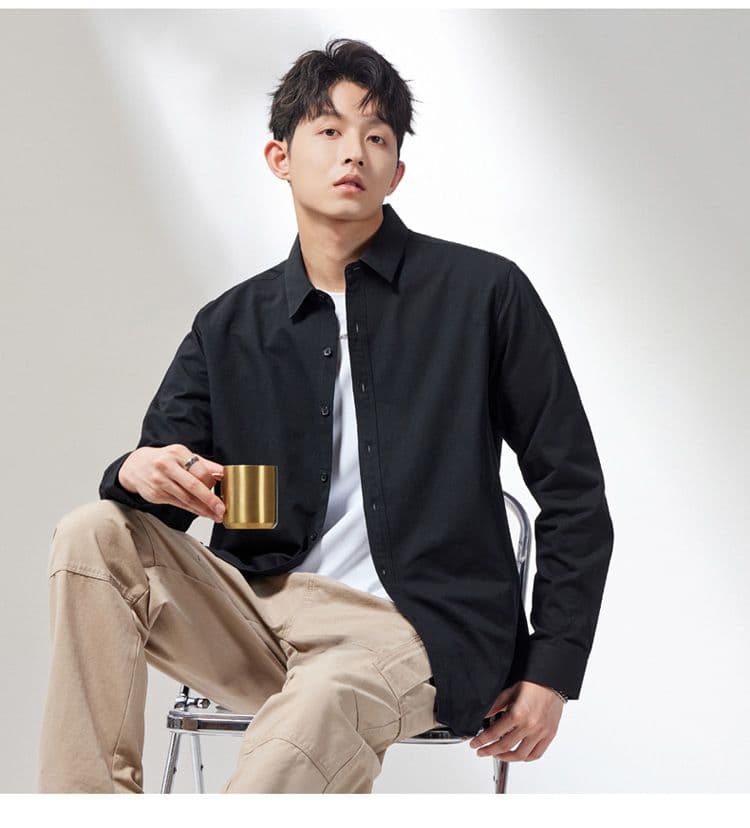 새로운 긴팔 셔츠 순면 남성 단색 가을 루즈핏 섹션 캐주얼 맨위 재킷 디자인 센스 고급 센스 트렌디 상세 이미지 23