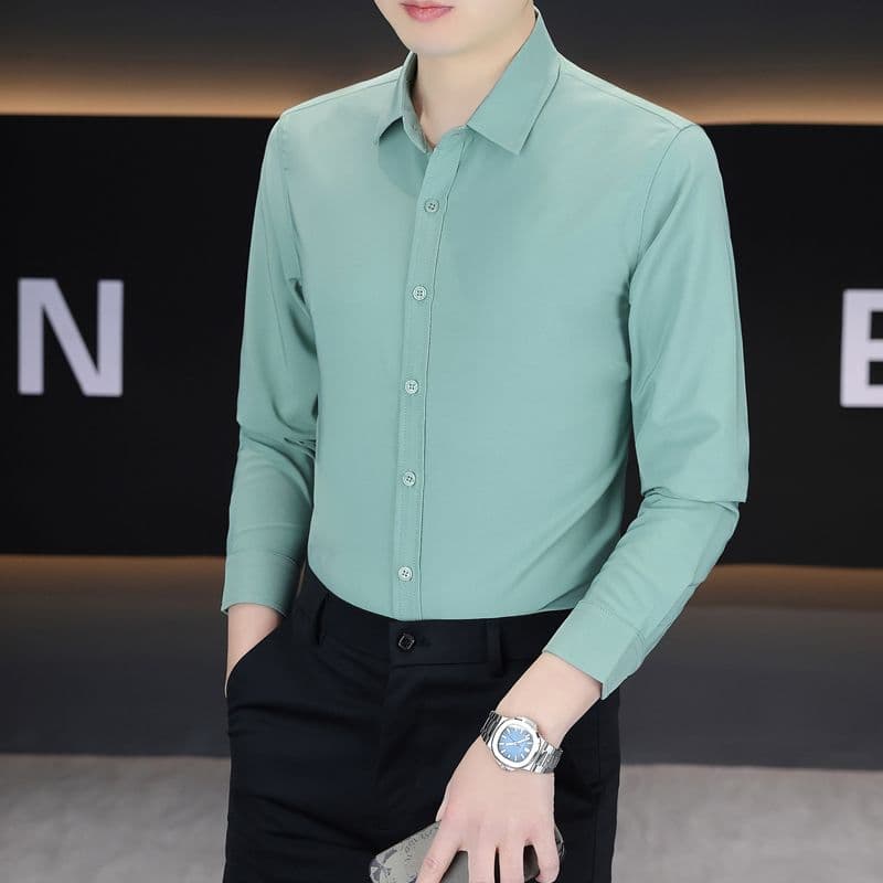 실행 금액 섹션 비즈니스 캐주얼 남성 셔츠 긴팔 한국 스타일 몸매 가꾸기 출근 작업복 단색 비즈니스웨어 화이트 이미지 4