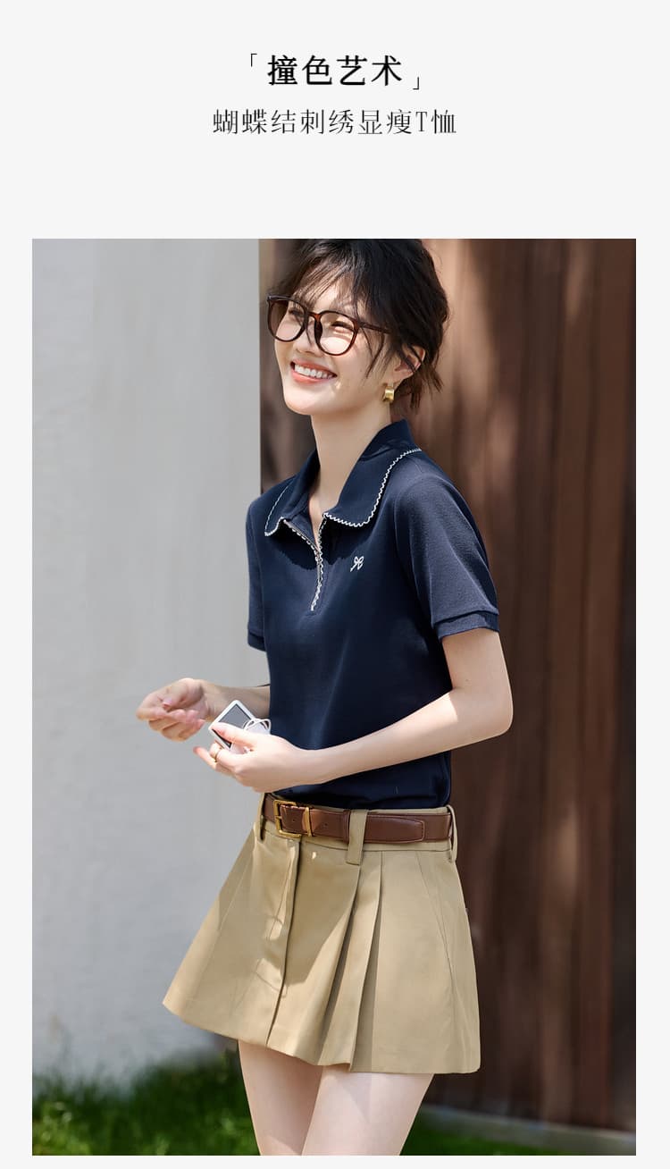 배색 디자인 2026 여름 새로운 착용 가져 가라. 밝은 눈 슬림해 보이는 디스플레이 높음 여성 티셔츠 상세 이미지 16