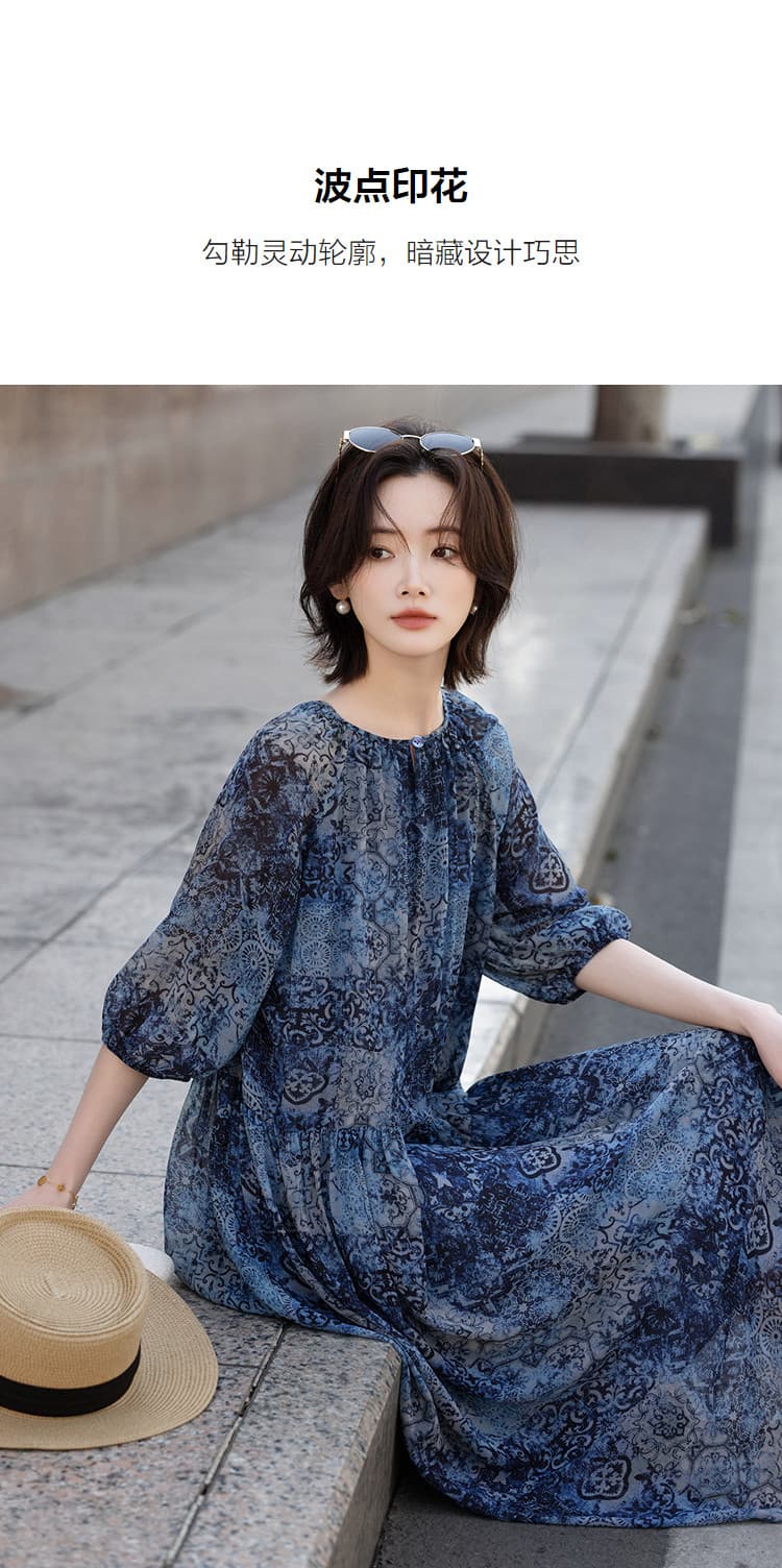 가벼움 휴일 여름 우아함 바람 펌프 Pleat 라운드 넥 도트 무늬 루즈핏 슬림해 보이는 숨기기 고기 여성 드레스 고급 센스 상세 이미지 7